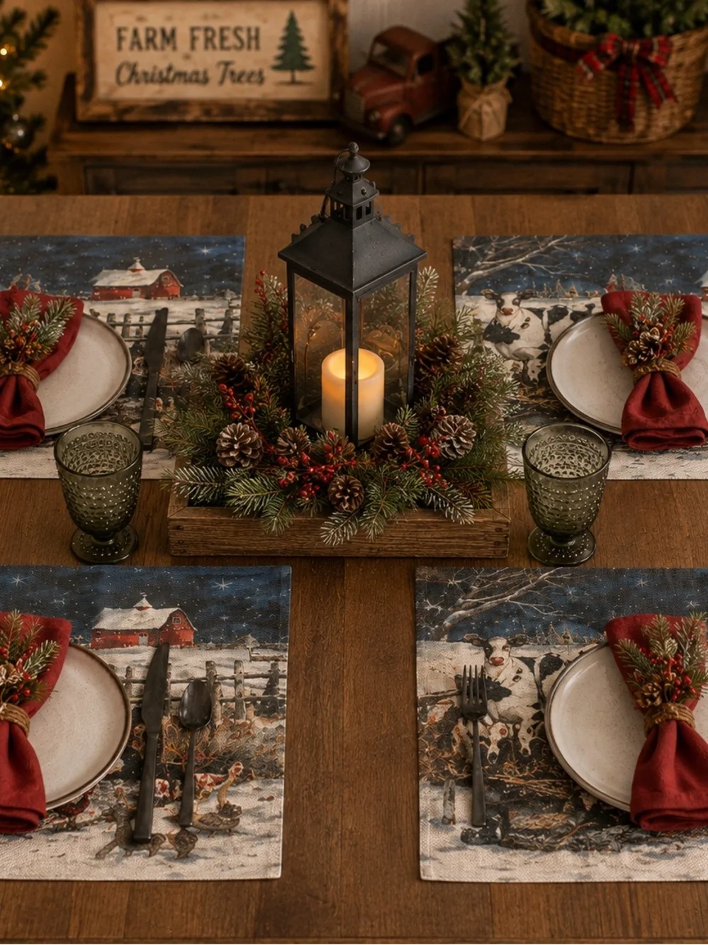 Premium Kitchen Cow‎ Christmas 8 Placemats and 2 Adjustable Aprons USA, cottage