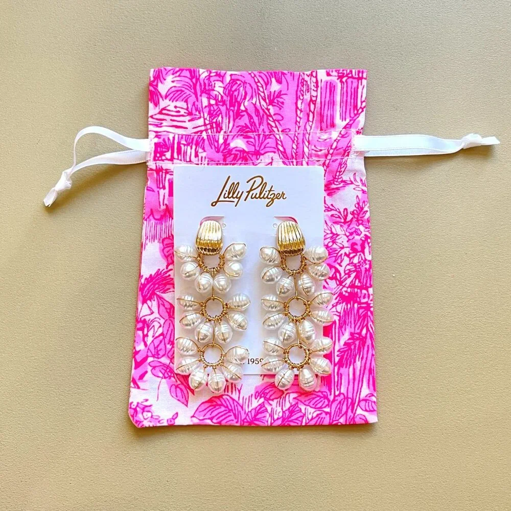 New Lilly Pulitzer Bouquet Toss Earrings Gold Pearl Flower Dangle Drop Pouch NWT